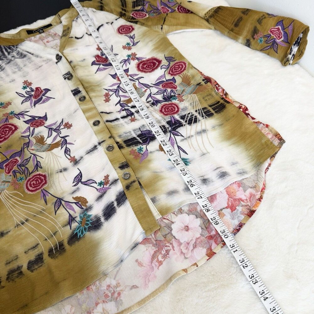Calessa Boho Top Floral Embroidered Golden Yellow Ivory Pink Women’s M - Picture 8 of 9